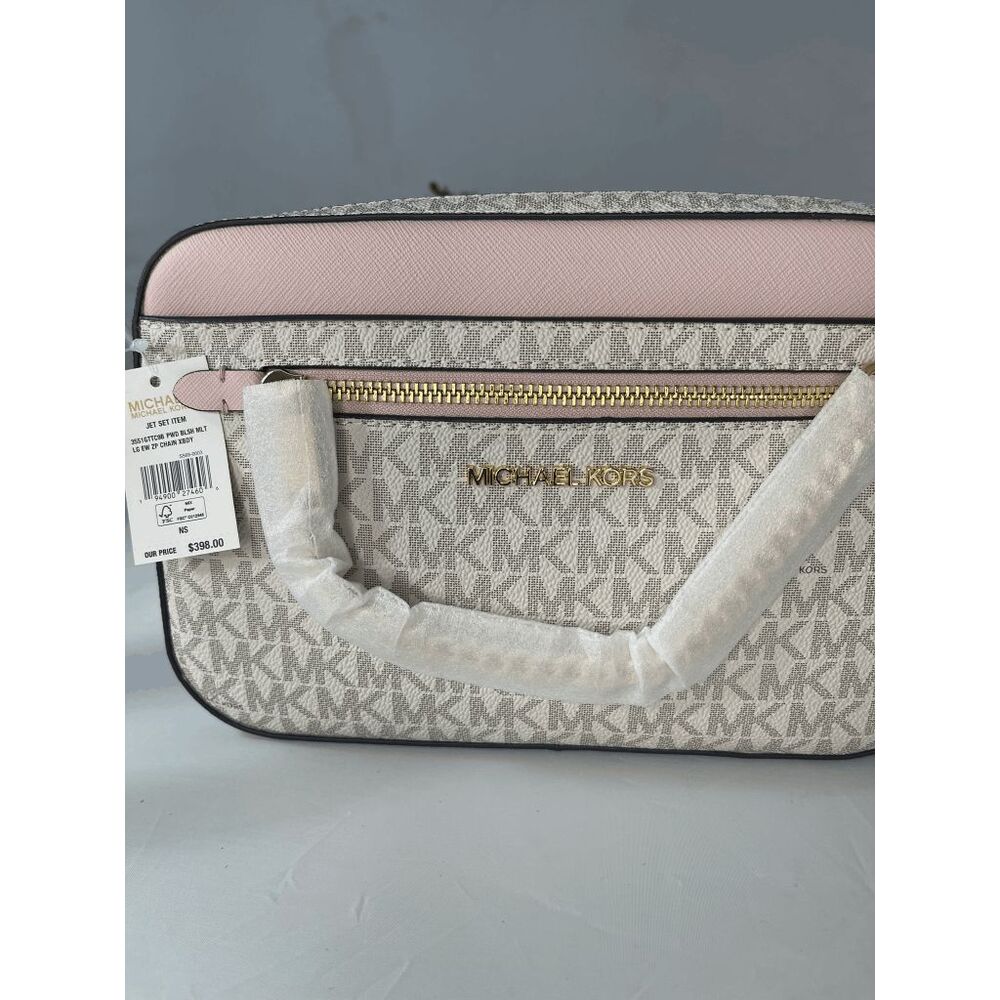 Michael Kors Pink White Logo Jet Set East West Zip Chain Crossbody Bag - Picture 5 of 7